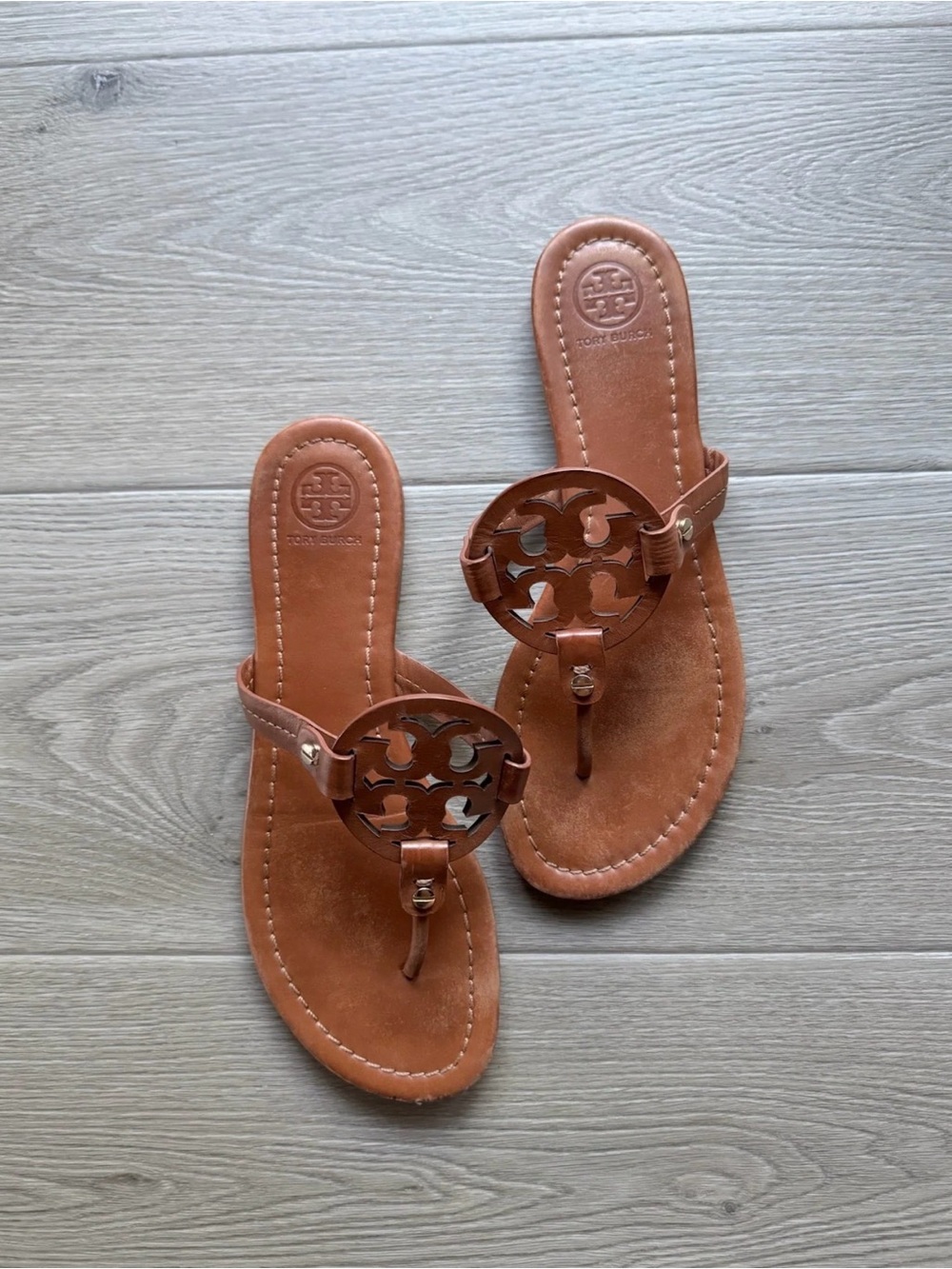 Tory Burch Brown Leather Logo Thong Sandals